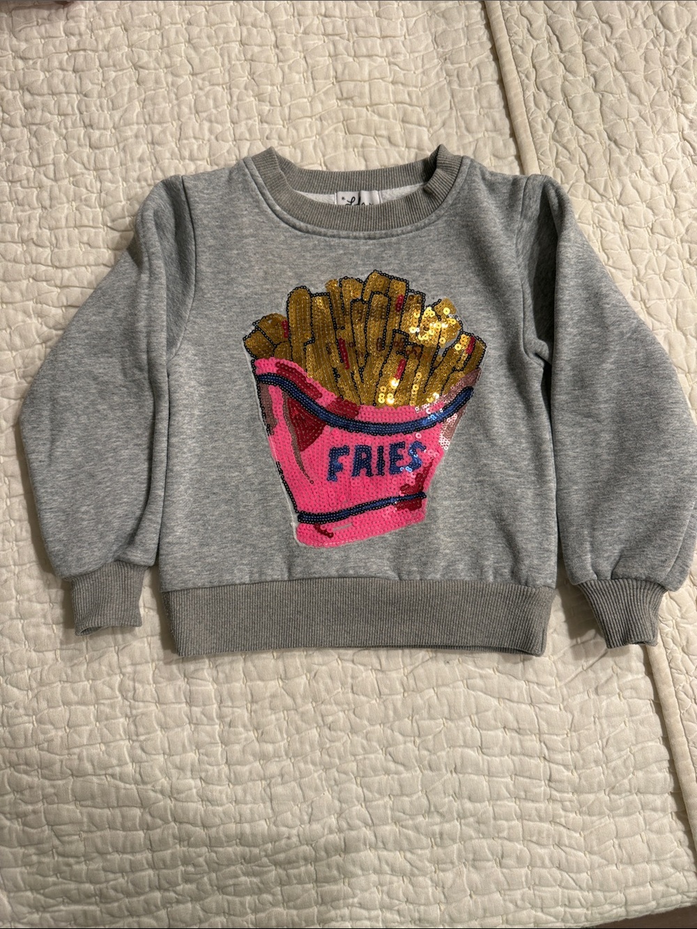 Lola + The Boys Grey Sweatshirt with Pink & Gold Sequin Fries Graphic
